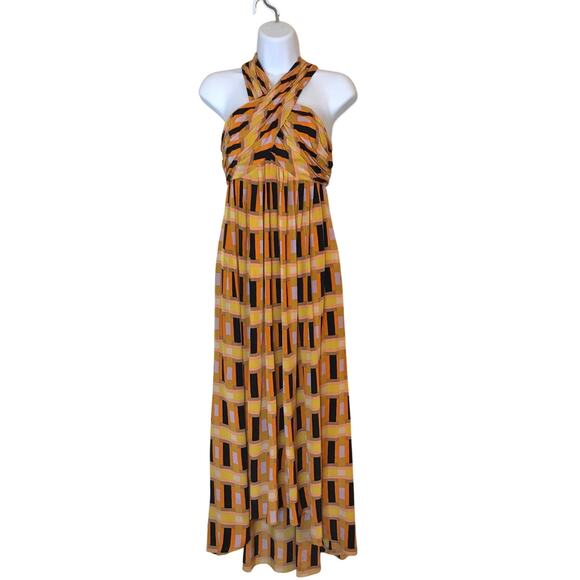 Tracy Reese Geometric Print Halter Hi Low Midi Dress 4 Silk - Picture 1 of 10